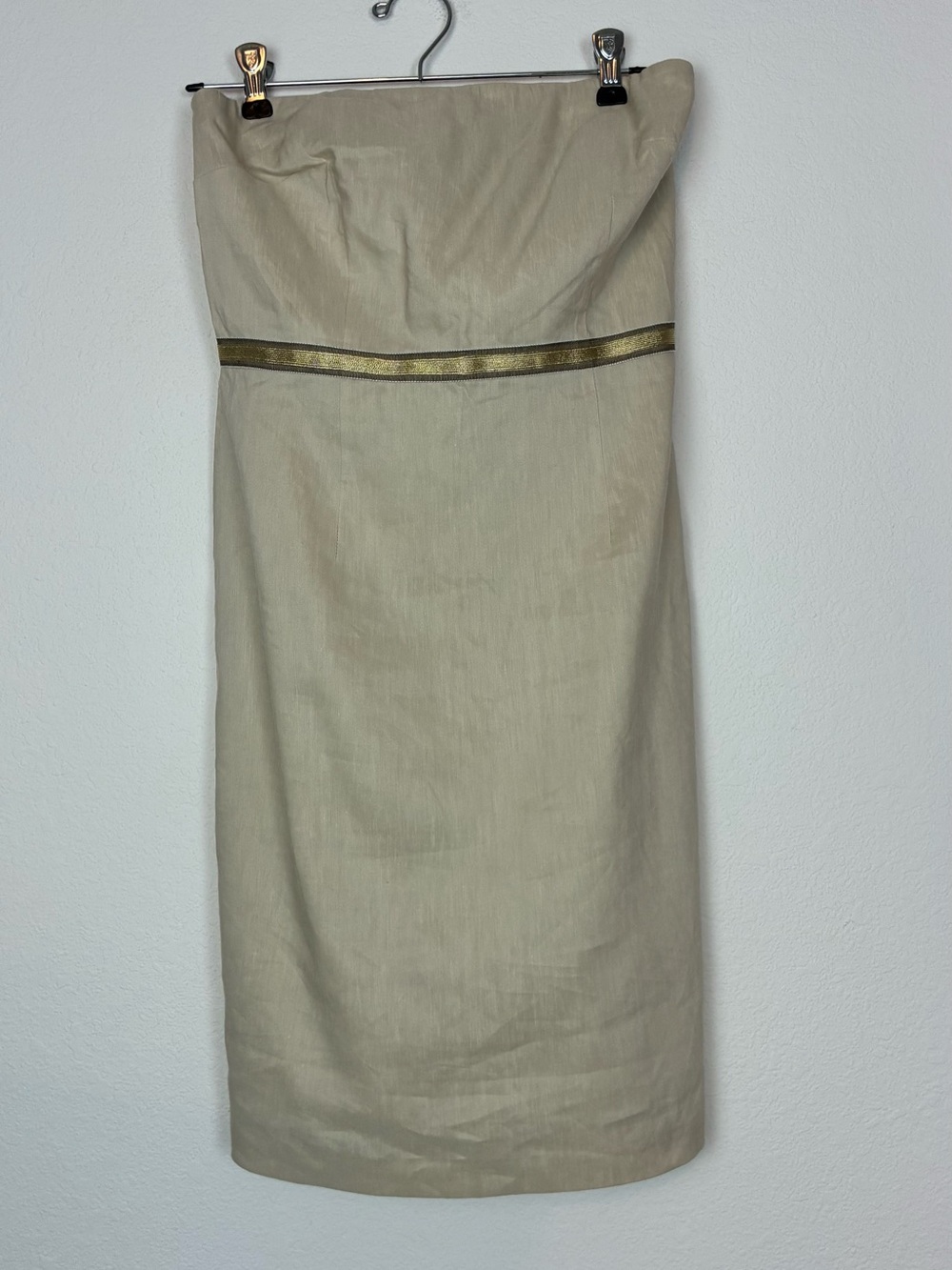 Lela Rose Loft Strapless Beige Linen-Blend Dress with Gold Metallic Waist Trim